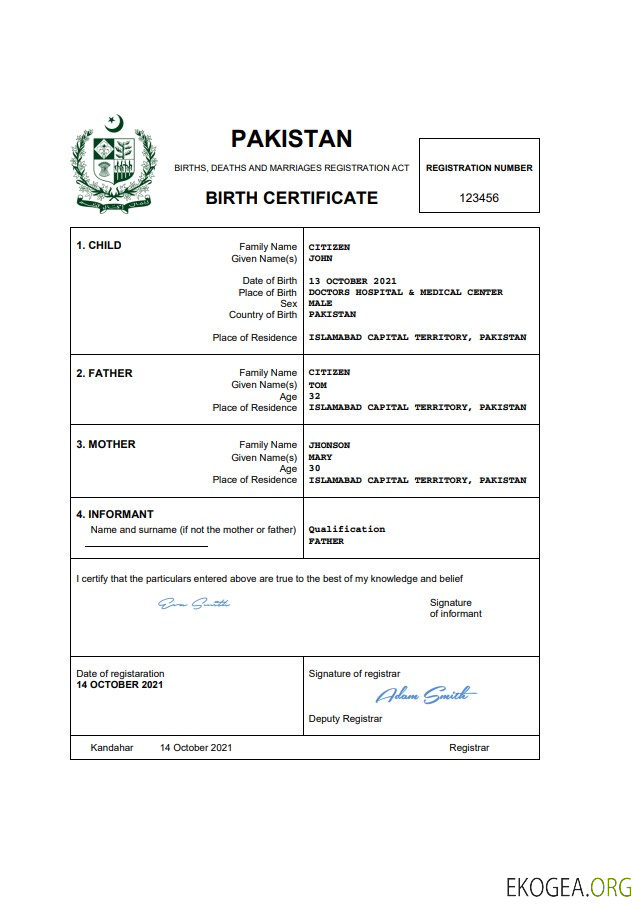 Modèle Word et PDF d'acte de naissance d'état civil du Pakistan, entièrement modifiable
